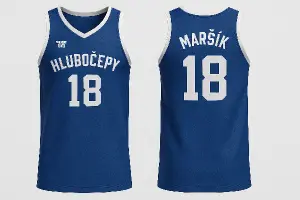styl basketbalového dresu, na zádech bude MARSIK 18, vpředu bude HLUBOCEPY 18, ještě značka EST. 2008 XVII