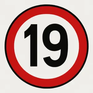 Číslo 19, černou barvou, umístěné v červeném kruhu. Kruh číslo obepíná celkem těsně. Kruh jr tence černě orámován.