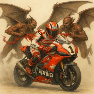 racing moto aprilia zavodnik, dva letajici demoni obri kridla, z kazde strany trhaji kus kombinezy z ramen, svetly obraz