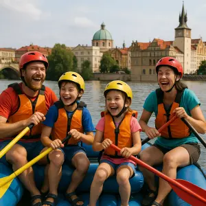 vtipní vodáci co si užívají s dětmi na Raftu na Vltavě Máma Táta syn 9 let dcera 6