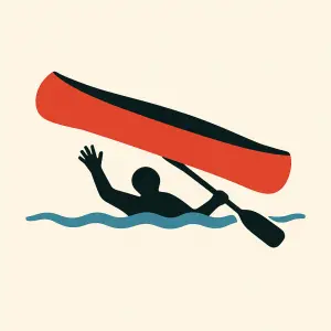 Vytvoř minimalistickou ilustraci vodáka který se převrátil s kanoí
