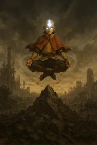 avatar aang v avatar stavu levituji nad horou, okoli je v postapokaliptickem stylu