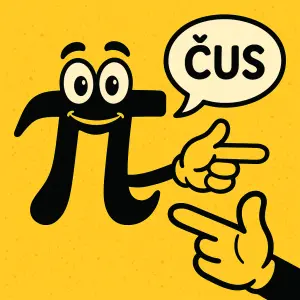 Znak π s očima a úsměvem k tomu v bublině vyslovení pozdravu Čus a dlaň ukazující na někoho v popředí