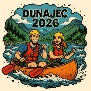 Komiksovy styl Kanoe v divokych perejich, usměvavý vodak a vodacka, v pozadí řeky hory, DUNAJEC 2026 celý tvar jako flek