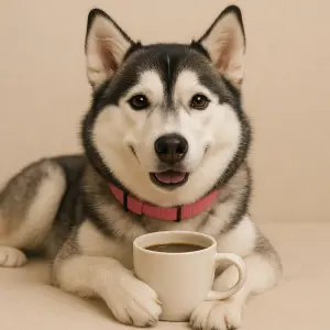 Roztomilý Husky pes s růžovým obojkem, ležící a v packách svírá hrnek s kávou.