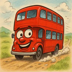 karikatura červeného autobusu odjíždějící do dálky