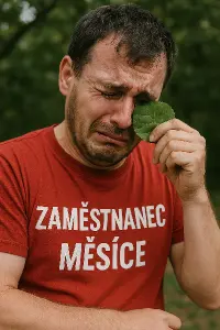 Realistická fotka muže v červeném tričku s nápisem Zaměstanec měsíce jak pláče a utírá si slzy do listu stromu