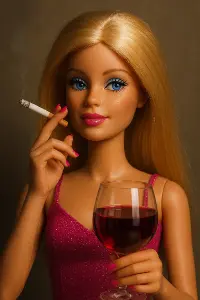 Barbie pije víno a kouří cigaretu