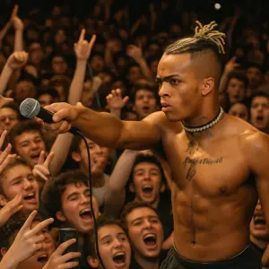 Xxxtentacion jak drží mikrofon k davu lidí
