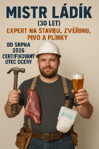 MISTR LÁDÍK (30 let)Expert na stavbu, zvěřinu, pivo a plínky.Od srpna 2026 certifikovaný otec dcery