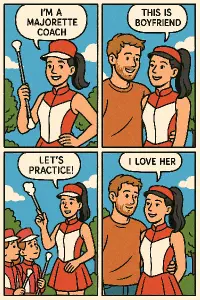Trenérka mažoretek se svým přítelem. Malé komiksové zpracování s větami