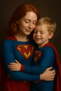 Žena se zrzavými vlasy držící v náručí chlapce s blond vlasy. Oba oblečeni v obleku, který nosí Superman s písmenem M.