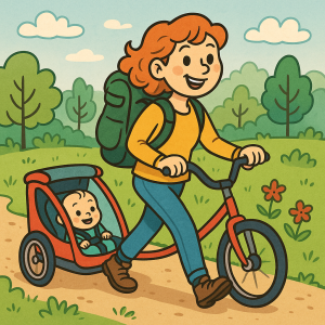 Máma s velkym batohem na zádech jak jde vesele cyklovozik s mimčem přírodou a cartoon stylu.