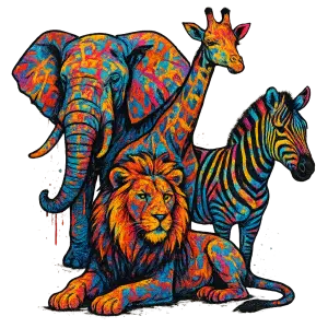 seskupení afrických zvířat ve stylu grafitti, bez jakéhokoliv pozadí