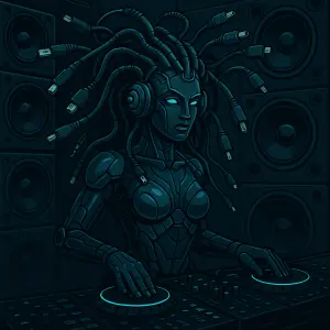 Tekno Medúza s vlasy z kabelů s různými konektory místo hadů ,u Dj pultu, stěna z reproduktorů v pozadí za Medúzou