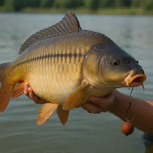 Velký kapr řádkáč s háčkem s boilie v tlam e