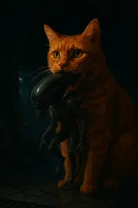 Oranžový kocour, kterému z tlamy visí mrtvolka vetřelce. Pozadí je temný interiér vesmírné lodi.