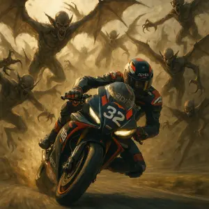 horda letajicich demonu bojuje se zavodnikem silnicnich motocyklu aprilia racing, prosvetleny realny obraz, vitezstvi