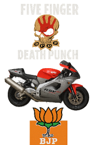 logo five finger death punch s logem aprilia rsv 1000 mille a logem BJP, obdelnikovy obraz na vysku