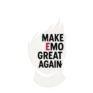 Bila silueta pouze emo patky. Misto obliceje bily napis Make Emo Great Again. Prvni pismena slov ruzova.