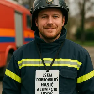Dobrovolný hasič s kolárkem na krku s textem jsem Dobrovolný hasič a jsem na to hrdý