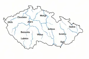 česká republika se znázorněnými pro vodáky sjízdnými všemi řekami s názvy jednotlivých řek text pouze u řek. bílé pozadí