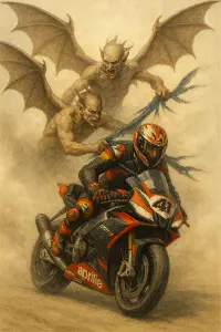 racing moto zavodnik aprilia, dva letajici demoni trhajici cary odevu z jeho ramen, kridla velka roztazena, svetly obraz