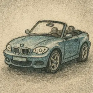 vytvoř pod takovým šumem, karikaturu, ne moc jasne obrysy, auto bmw cabrio
