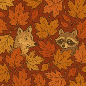 Luxury autumn silk tie pattern with subtle wolf and raccoon in a simple European comic style, hidden among autumn leaves