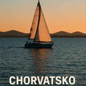 Obrázek s plachetnici okolo ni siluety ostrovu Dlugi Otok, pašman a Ugljan a pod obrazkem Chorvatsko 2026