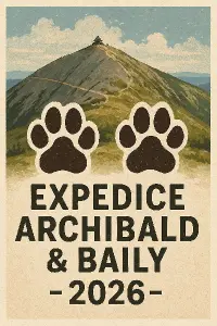 Vrchol Sněžky dvě psí tlapky a pod nimi text Expedice Archibald Baily - 2026 -
