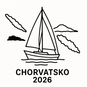 udělěj konturovou kres s plachetnici okolo ni siluety ostrovu Dlugi Otok, pašman a Ugljan a pod obrazkem Chorvatsko 2026
