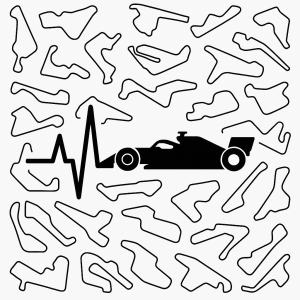 Vzadu: F1 2026 okruhy jen černou barvou konturyVepředu: heartbeat f1