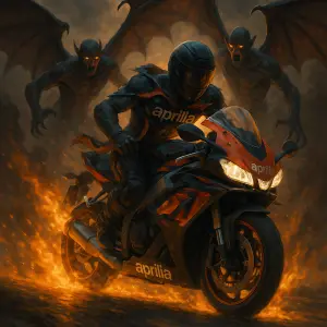 silnicni jezdec aprilia prorazi plameny a ujizdi dvoum demonum s obrimi kridly trhaji kombinezu z ramen prosvetlene foto