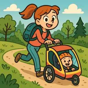 Máma s batohem na zádech jak tlačí vesele cyklovozik s mimčem přírodou a cartoon stylu