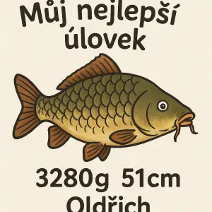 kreslený obrázek kapra, nad obrázek nápis Můj nejlepší úlovek, pod obrázek 3280g 51cmOldřich