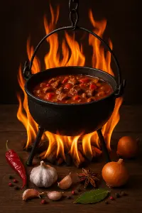 velký kotlík s gulášem na trojnožce,plameny jako dominantní prvek,kolem koření (chilli, česnek, cibule, badyán, bobkov