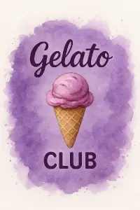 pozadí je watercolor flek ve fialových odstínech. V něm je obrázek zmrzliny. Nad obrázkem je nápis gelato a pod club