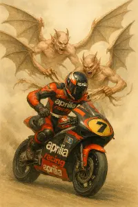 racing moto zavodnik aprilia, dva letajici demoni trhajici cary odevu z jeho ramen, kridla velka roztazena, svetly obraz