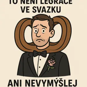 Na obrazku by mel byt muz v chomoutu ženich a vtipny komentar ze to neni legrace Ve svazku necl vymysli