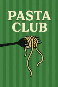 pozadí zelené svislé pruhy, uvnitř vidlička se špagetami a napis PASTA CLUB