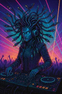 Tekno Medúza s vlasy z kabelů s různými konektory místo hadů ,u Dj pultu na Raveu