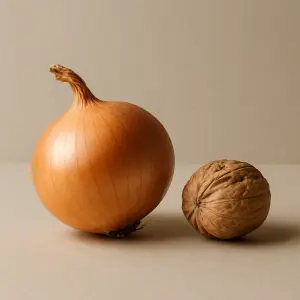 Cibule a oříšek vedle sebe