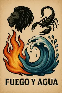 Plamen ohně s vlnou vody spojující síly. Nad ohněm černá lví hlava a nad vodou černý štír. Pod tím nápis Fuego y Agua