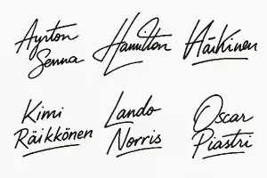 Podpis :Ayrton Senna , Hamilton,Hakinen, Raikkonen,Lando Boris,Piastri
