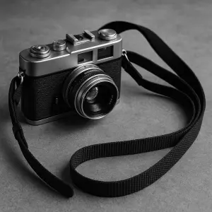 retro fotoaparát v černobílém provedení na popruhu