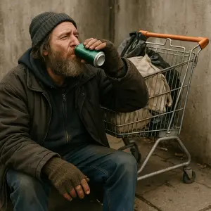 Popíjející bezdomovec s nákupním košíkem