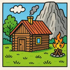 Dřevěná chata na zeleném trávníku, z pravé strany za ní je vidět táborák a za tím vším skála. Styl komiksu čtyřlístek.