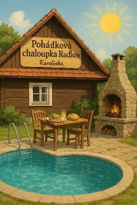Chaloupka, letní pohoda, slunce, bazén, kamenitý krb, jídlo. Nápis Pohádková chaloupka Radkov a jméno Karolínka