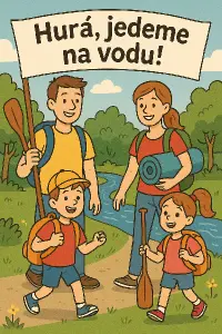rodina s detmi na vylete s napisem hura jedeme na vodu